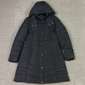 Tommy Hilfiger Hooded Long Puffer Coat Jacket Parka Women's Medium Black Quilted